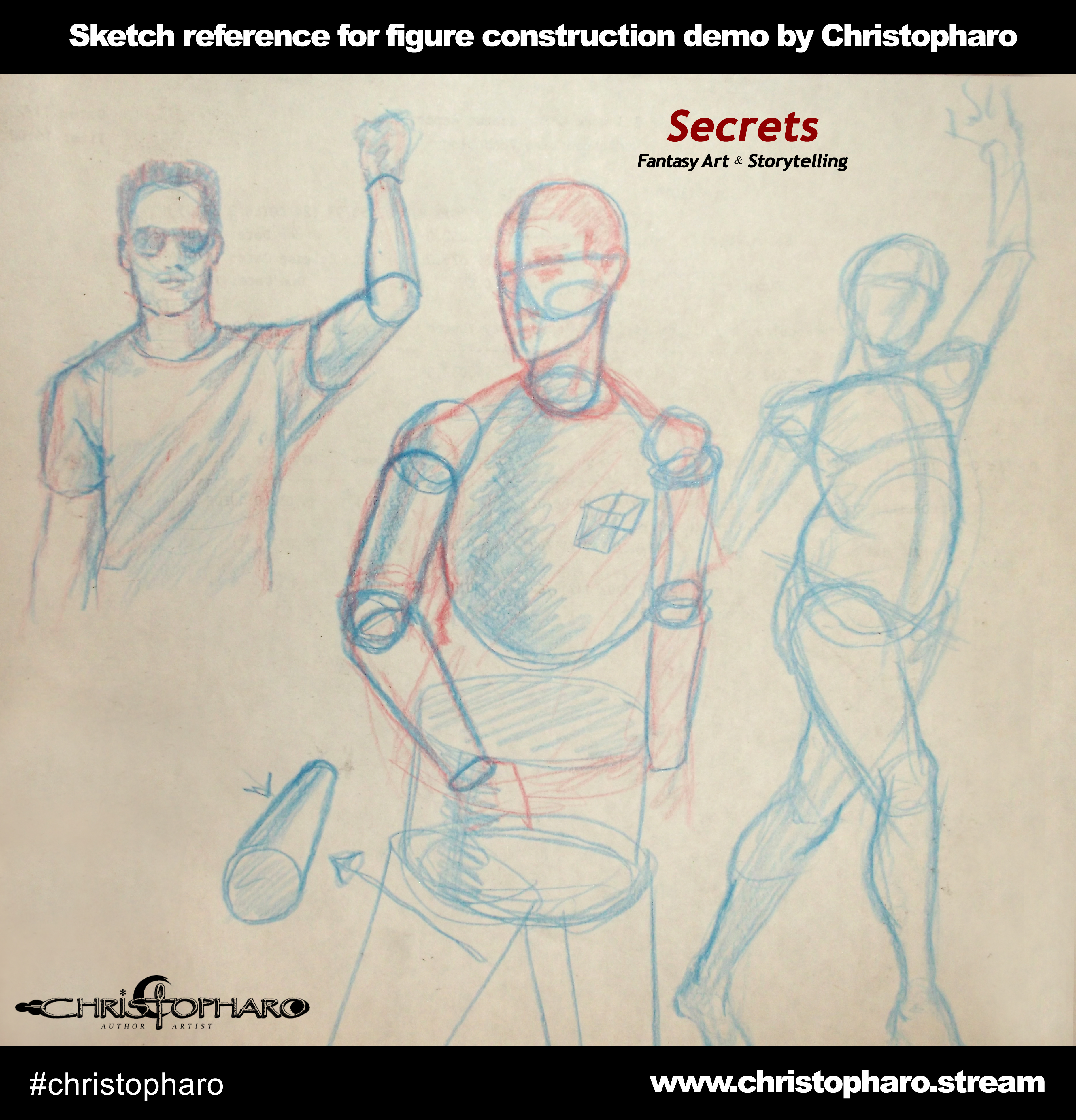 Reference sketches for Christopharo sketch demo video of how to break the human form down into simple shapes.