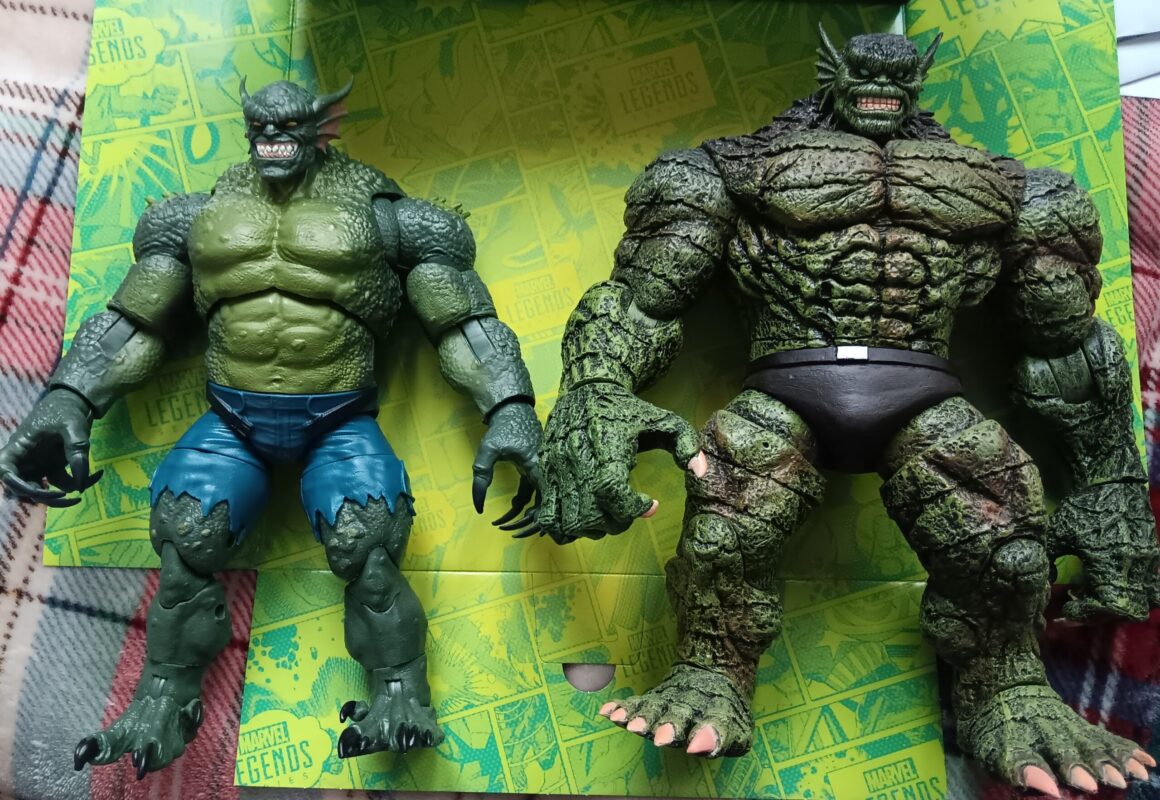 Marvel Select Abomination standing beside the 2026 Marvel Legends Abomination for size and design comparison.
